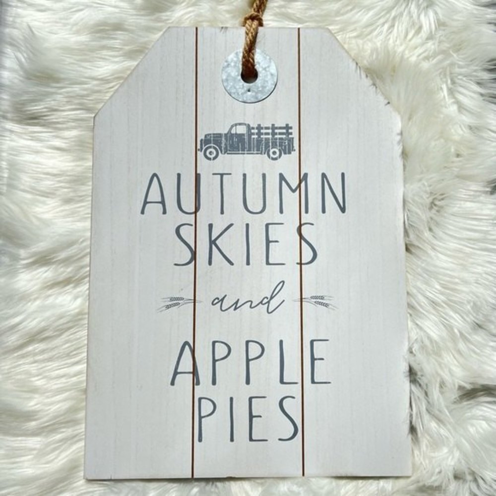 Autumn Skies and Apple Pies Wood Door Hanger with Rope Hanging Loop White / Gray